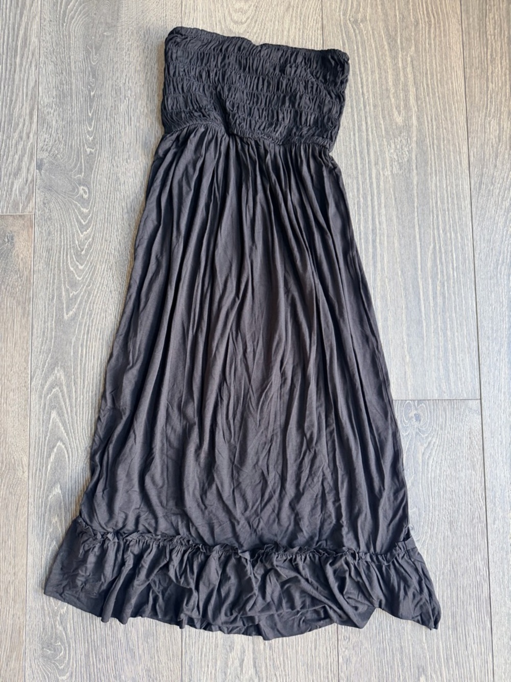 Exotica Black Slinky to Touch Shirred Bandeau Strapless Midi Dress Size XS